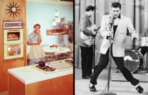 A woman talking on the phone in her 1950s kitchen, a photo of Elvis Presley performing.