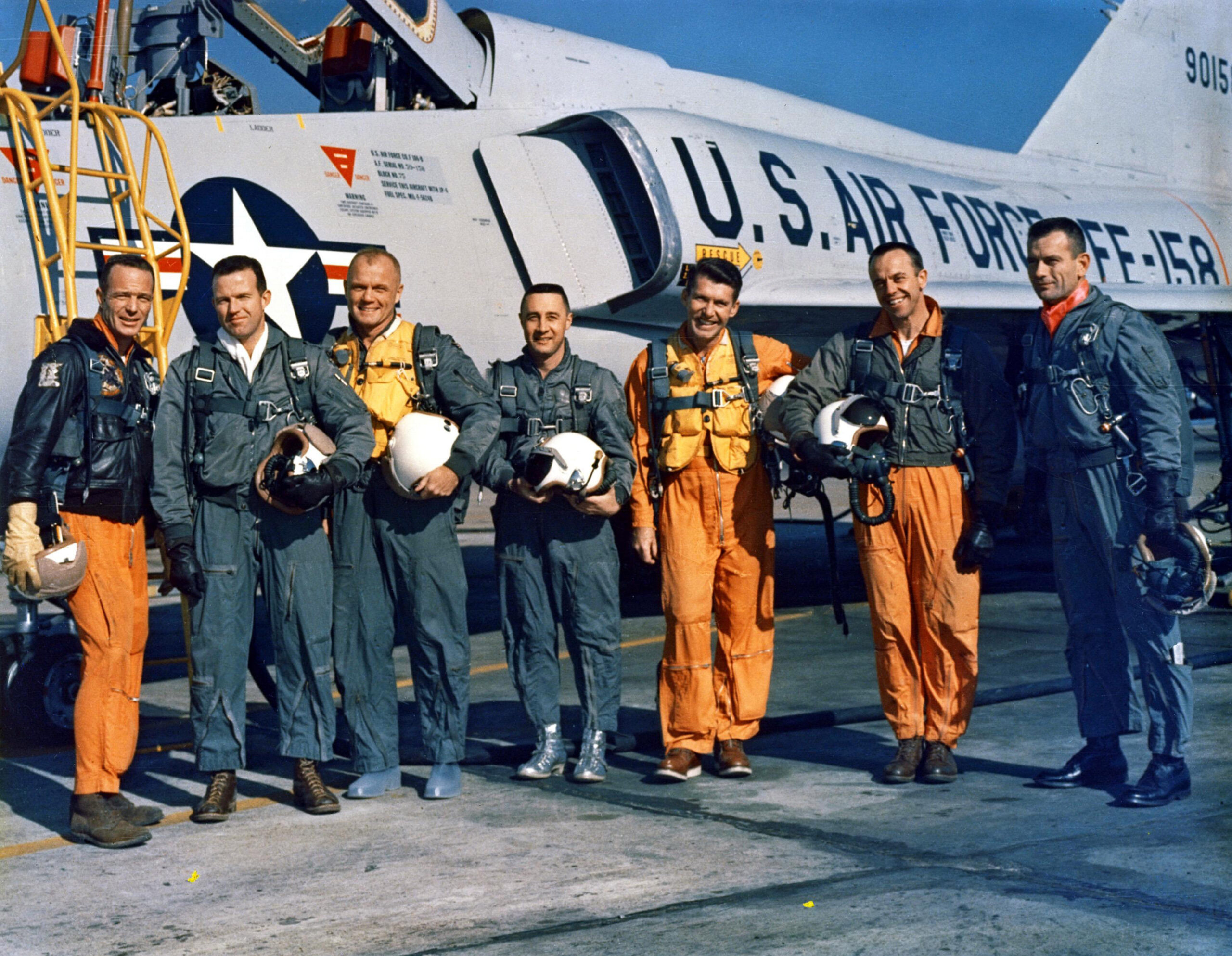 National Aeronautics and Space Administration (NASA) group portrait of the 'Original Seven' astronauts from the Mercury program as they pose in front of an Air Force jet, Florida, January 1963. From left, Scott Carpenter, Gordon Cooper (1927 - 2004), John Glenn, Gus Grissom (1926 - 1967), Wally Schirra (1923 - 2007), Alan Shepherd (1923 - 1998), and Deke Slayton (1924 - 1993). (Photo by NASA/Interim Archives/Getty Images)