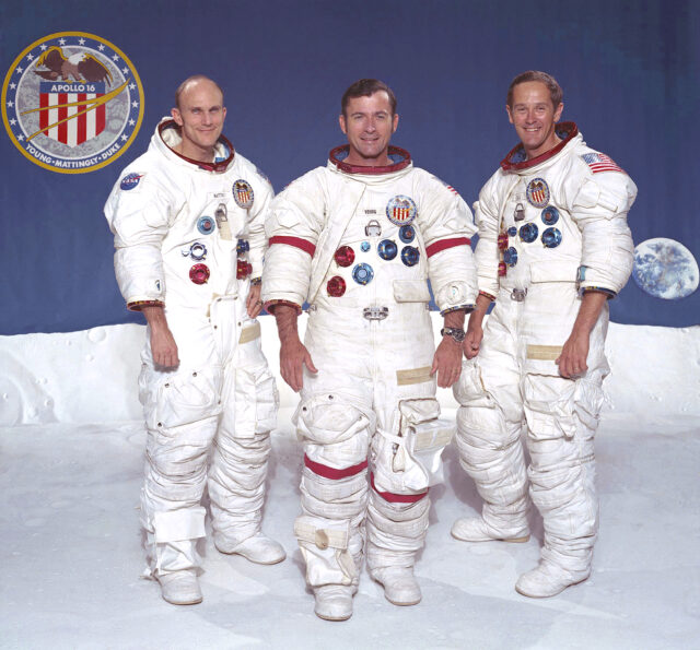 three nasa astronauts smiling for photo ahead of 1972 mission