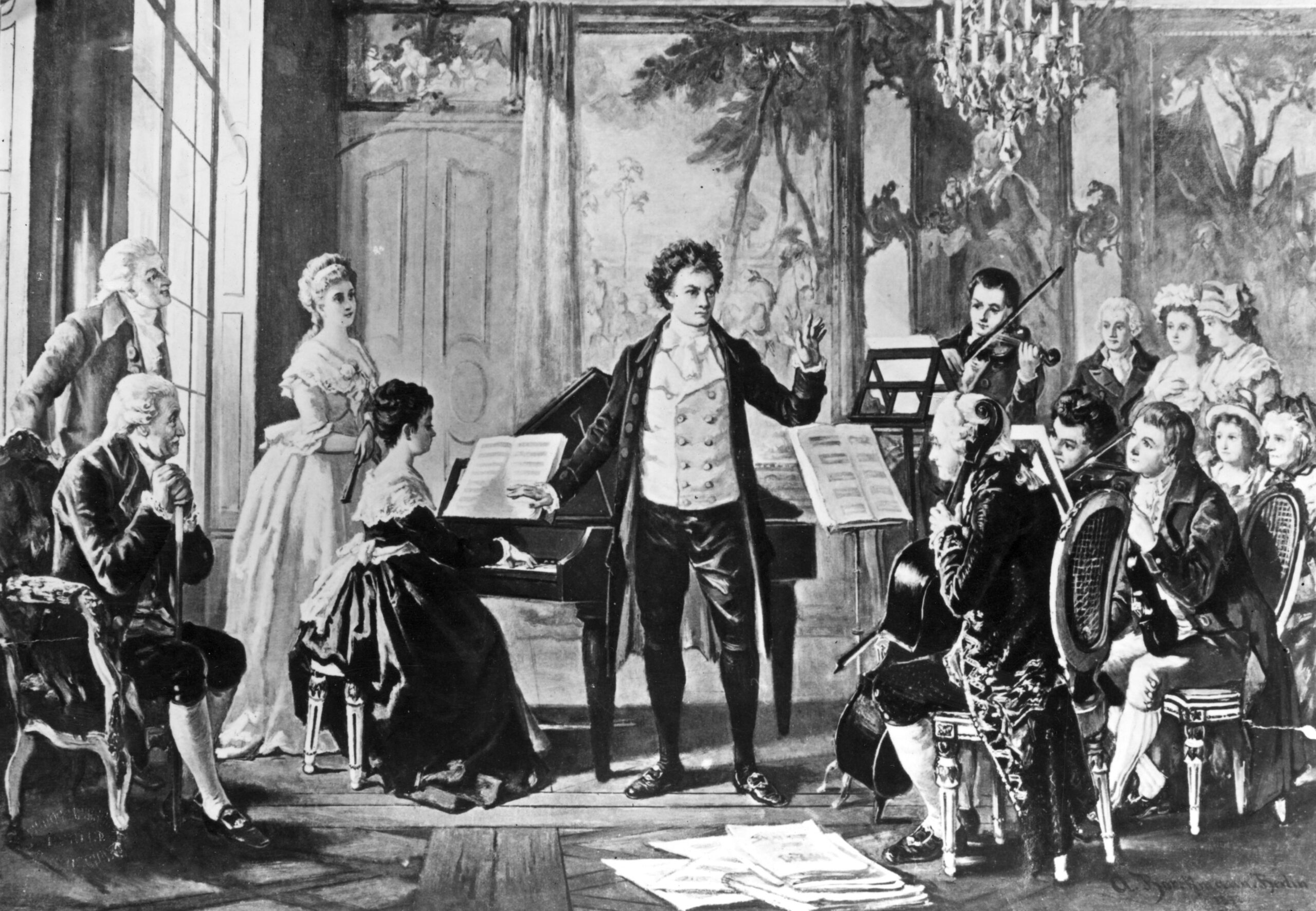 German composer Ludwig van Beethoven (1770 - 1827) conducting one of his three 'Rasumowsky' string quartets, circa 1810. Drawn by the artist Borckmann.   (Photo Credit: Rischgitz/Getty Images)
