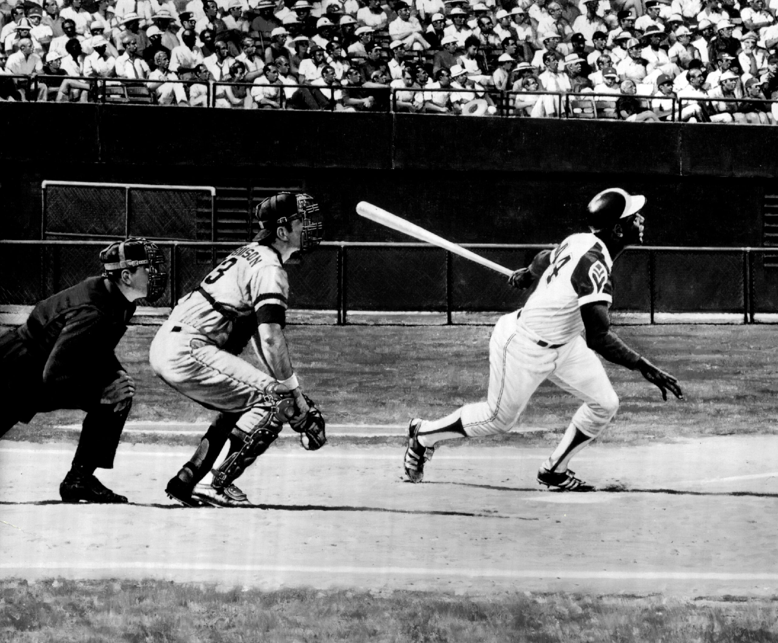 ATLANTA, GEORGIA, - APRIL 8, 1974:  Hank Aaron hits his 715th home run, breaking Babe Ruth's long-standing record of 714 lifetime home runs. 
Photo Credit: Sporting News via Getty Images via Getty Images