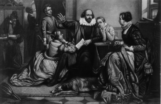 1600s scene of shakespeare during reading of play, Hamlet