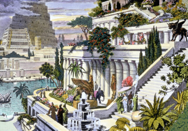 An illustration of the Hanging Gardens of Babylon.