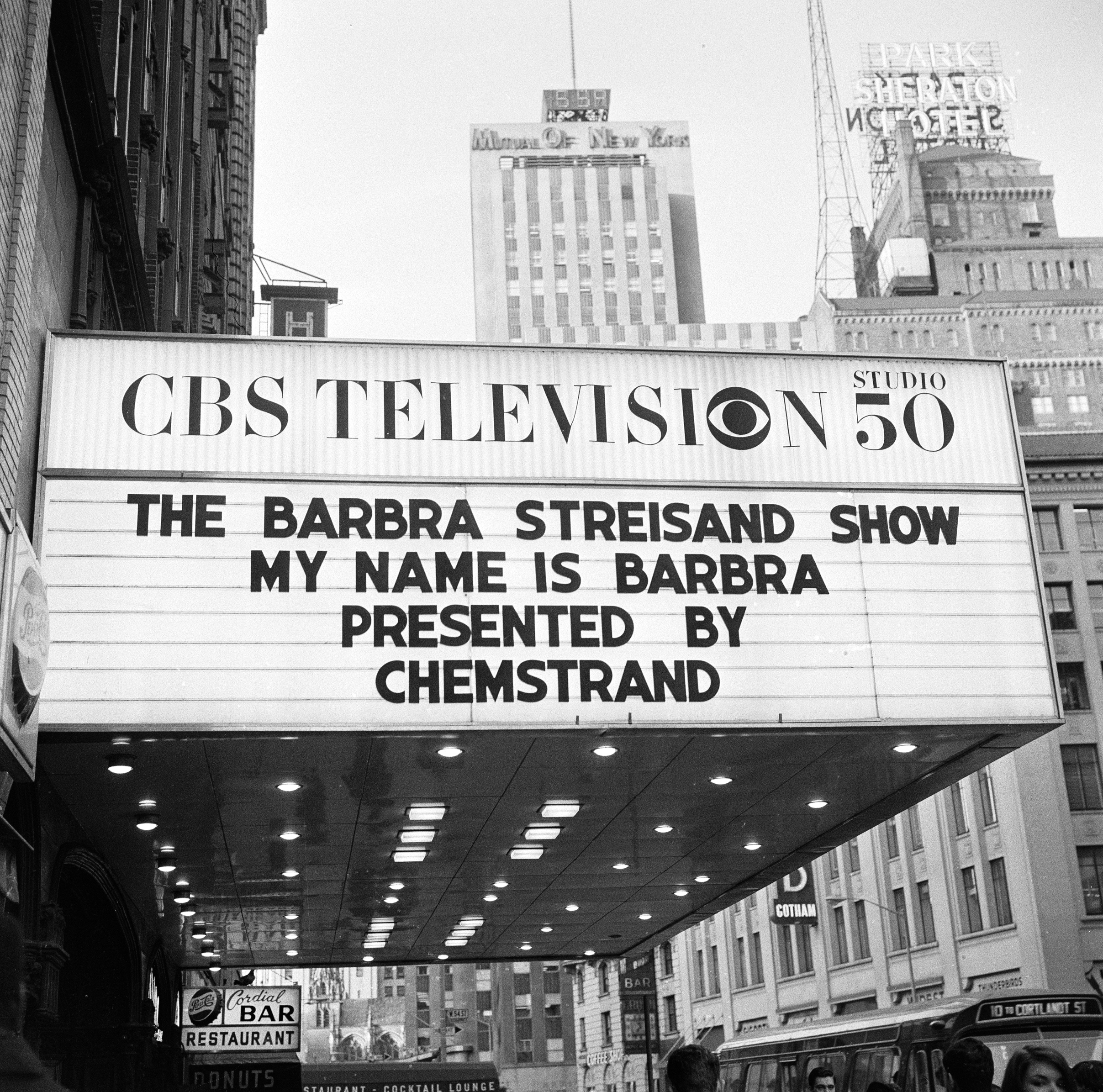 NEW YORK - APRIL 12: MY NAME IS BARBRA, the Barbra Streisand television special that aired on CBS, April 28, 1965. The marquee at CBS Television Studio 50. Image dated April 14, 1965. (Photo Credit: CBS via Getty Images)