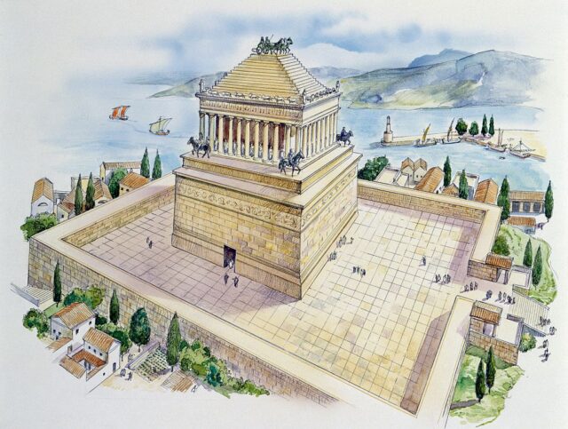 An illustration of the Mausoleum at Halicarnassus.