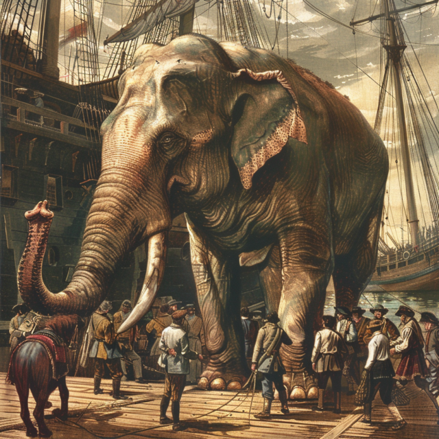 illustration of an elephant standing on the deck of a wooden ship arriving in america