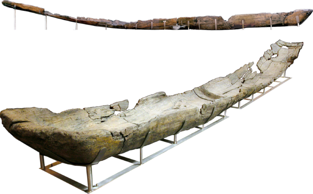 Two ancient wooden canoes.