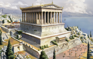 An artistic depiction of the Mausoleum of Halicarnassus.