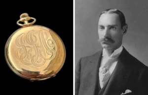 A gold pocket watch beside a portrait of John Jacob Astor IV.