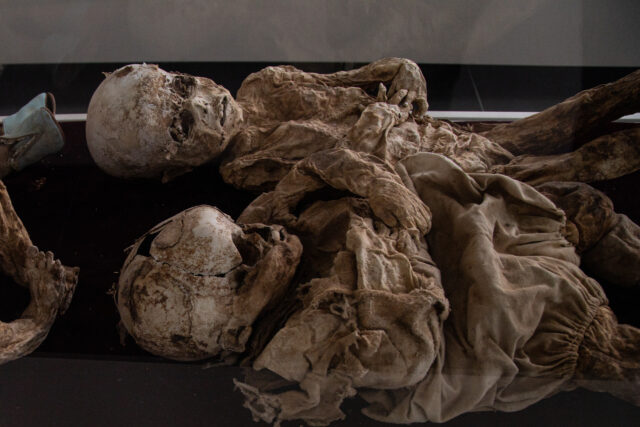 Two child mummies on display.