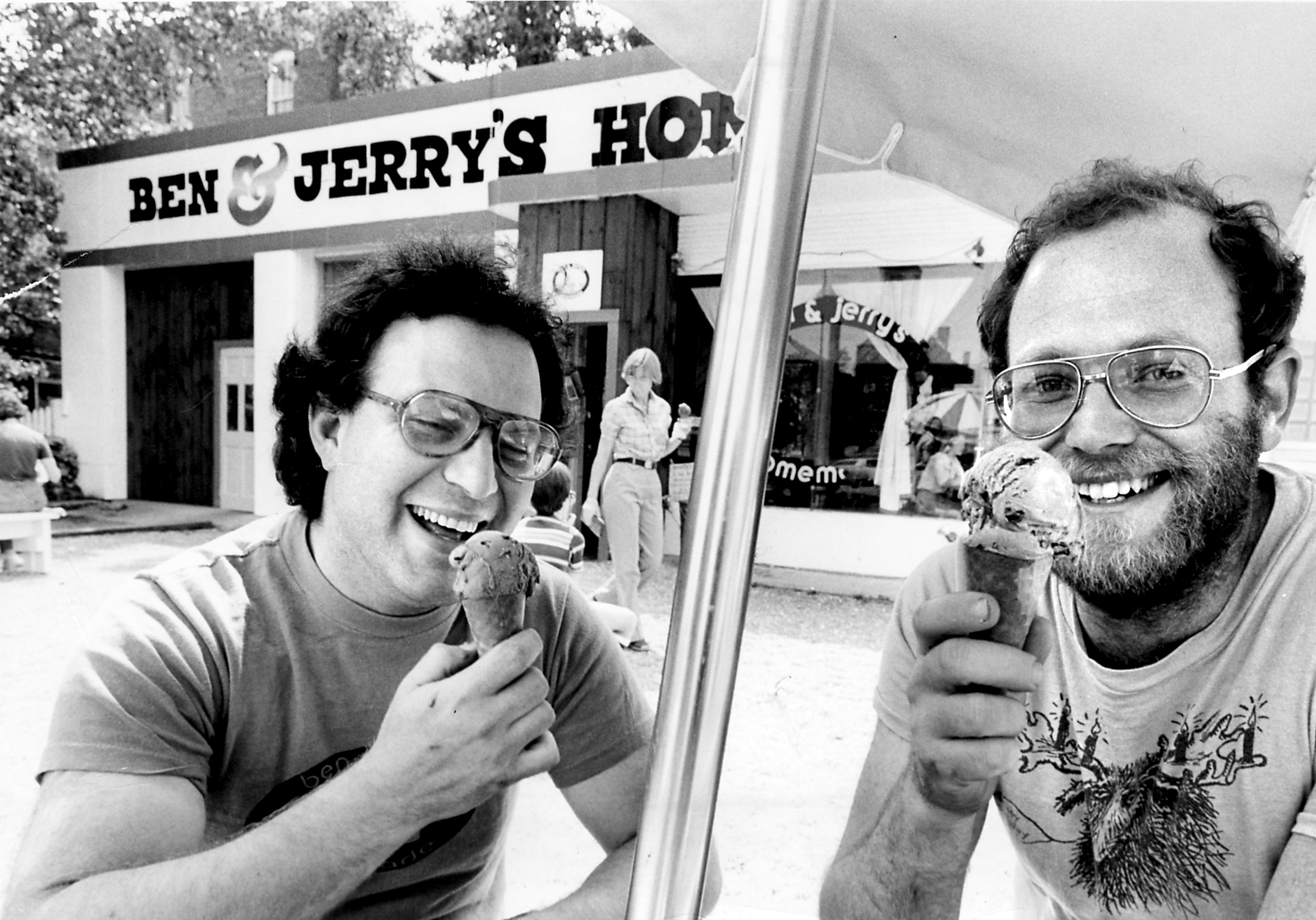 Jerry Greenfield and Ben Cohen, partners of a  homemade ice cream stand, Ben & Jerry's, in Bennington, Vt. (Photo Credit: Ted Dully/The Boston Globe via Getty Images)