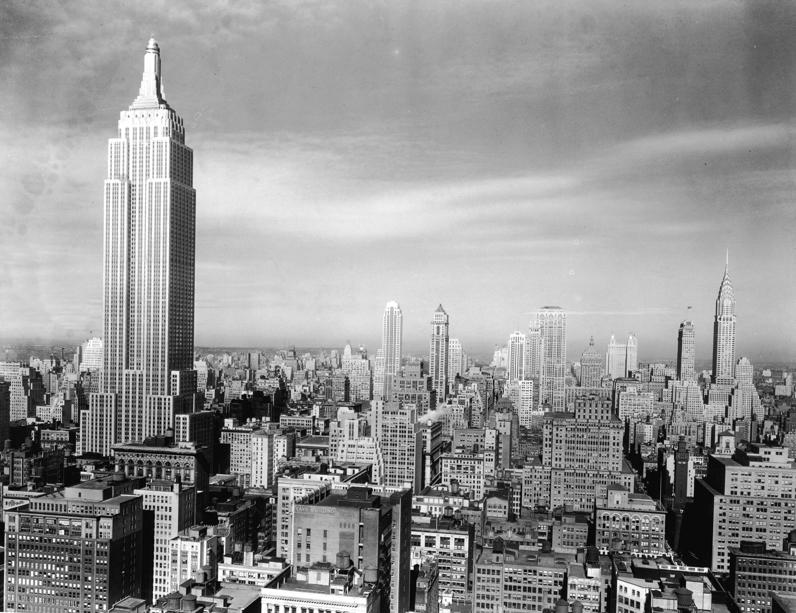 View of the Manhattan skyline with the Empire State Building and Chrysler Building (R), New York City, 1940s. (Photo Credit: Hulton Archive/Getty Images)