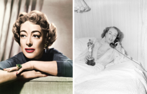two images of joan crawford, one glamour shot one image of her with academy award in bed