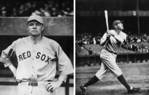 babe ruth wearing red sox jersey and babe ruth at bat in yankees jersey