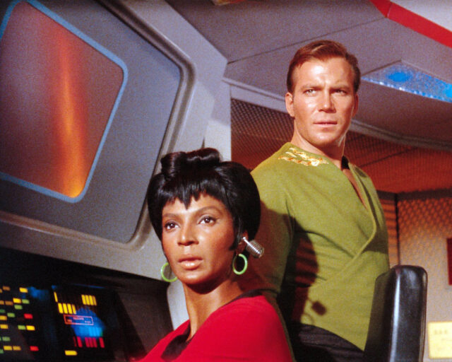 William Shatner and Nichelle Nichols as Captain Kirk and Lieutenant Uhura in 'Star Trek'